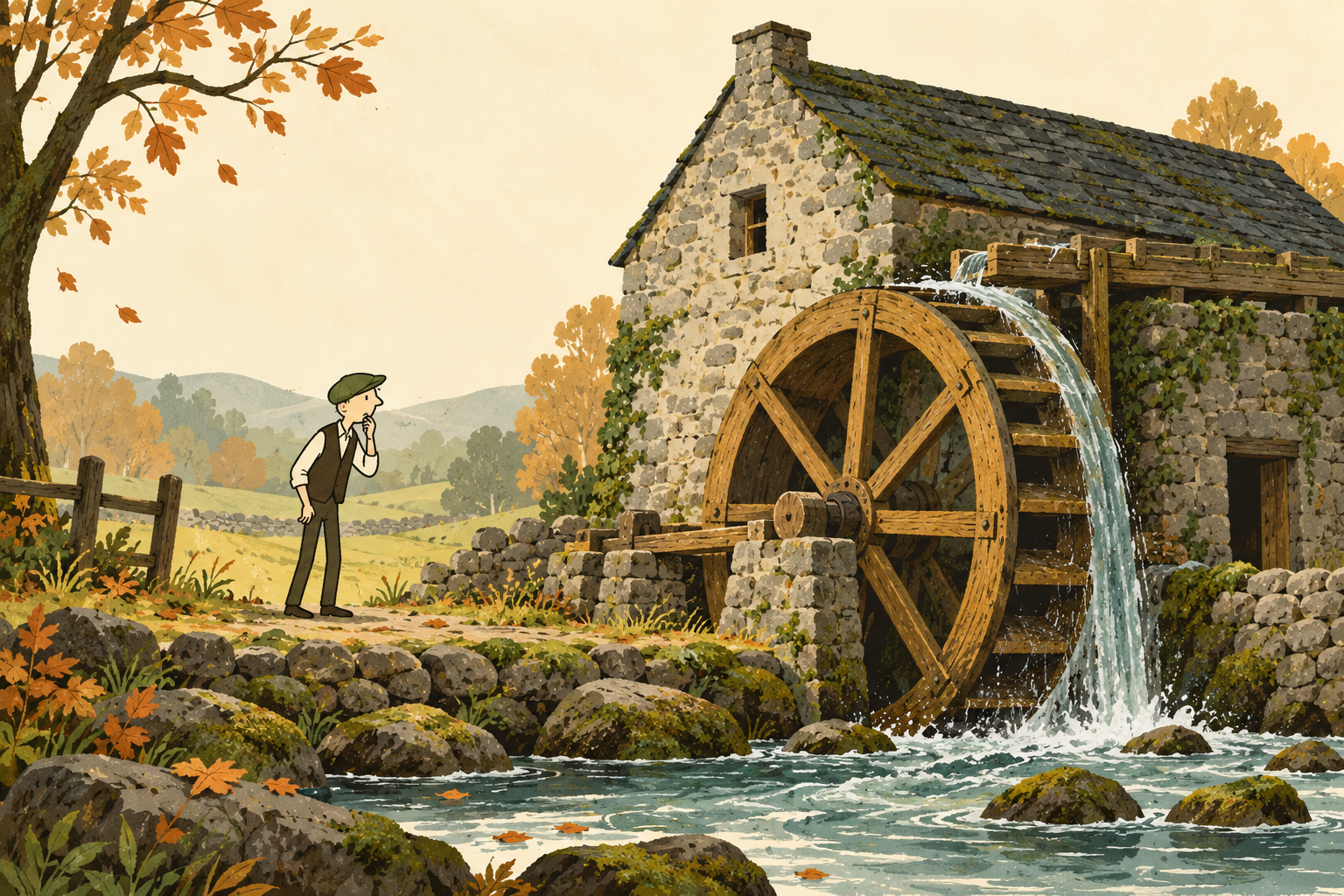 “Illustration of a hesitant miller beside an Irish watermill in autumn, inspired by St Martin’s Day folklore.”